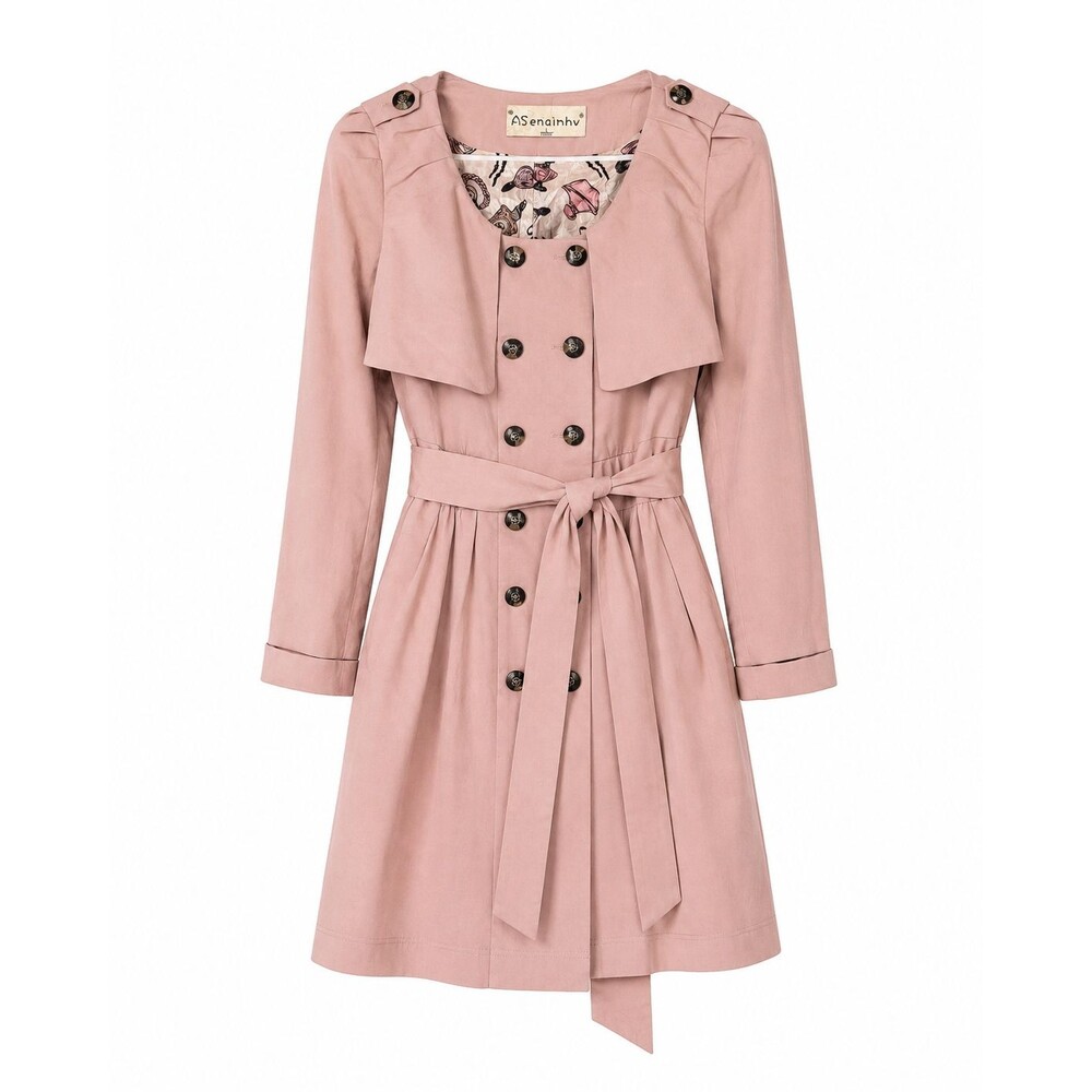 Pink Trench Coat Women S Belted Double Breasted Fit Flare Kawaii Y2K Cute Jacket